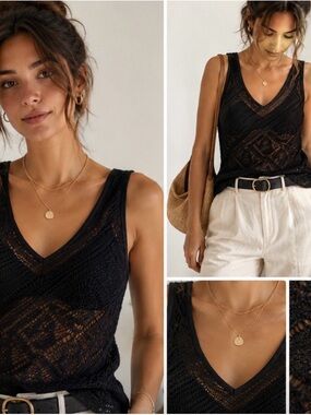 Vintage 90s Black Crochet Knit Tank Top Sheer Boho Grunge Small